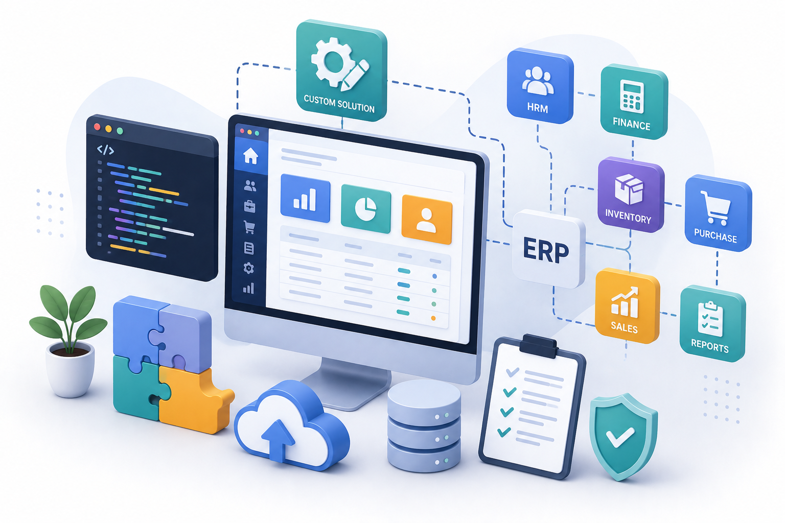 Illustration of custom software and ERP operations